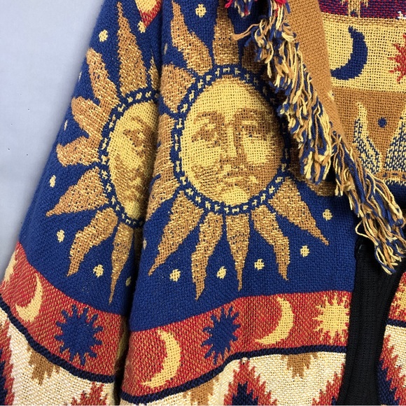 VTG Celestial Tapestry Jacket Blue Orange Sun Face Stars Moon Fringe Aztec - Picture 5 of 9